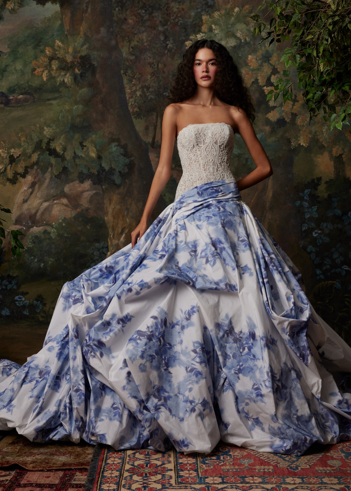 wedding gown with blue flowers