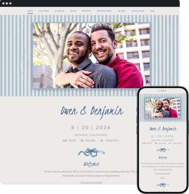 blue and white striped wedding website by lovebird