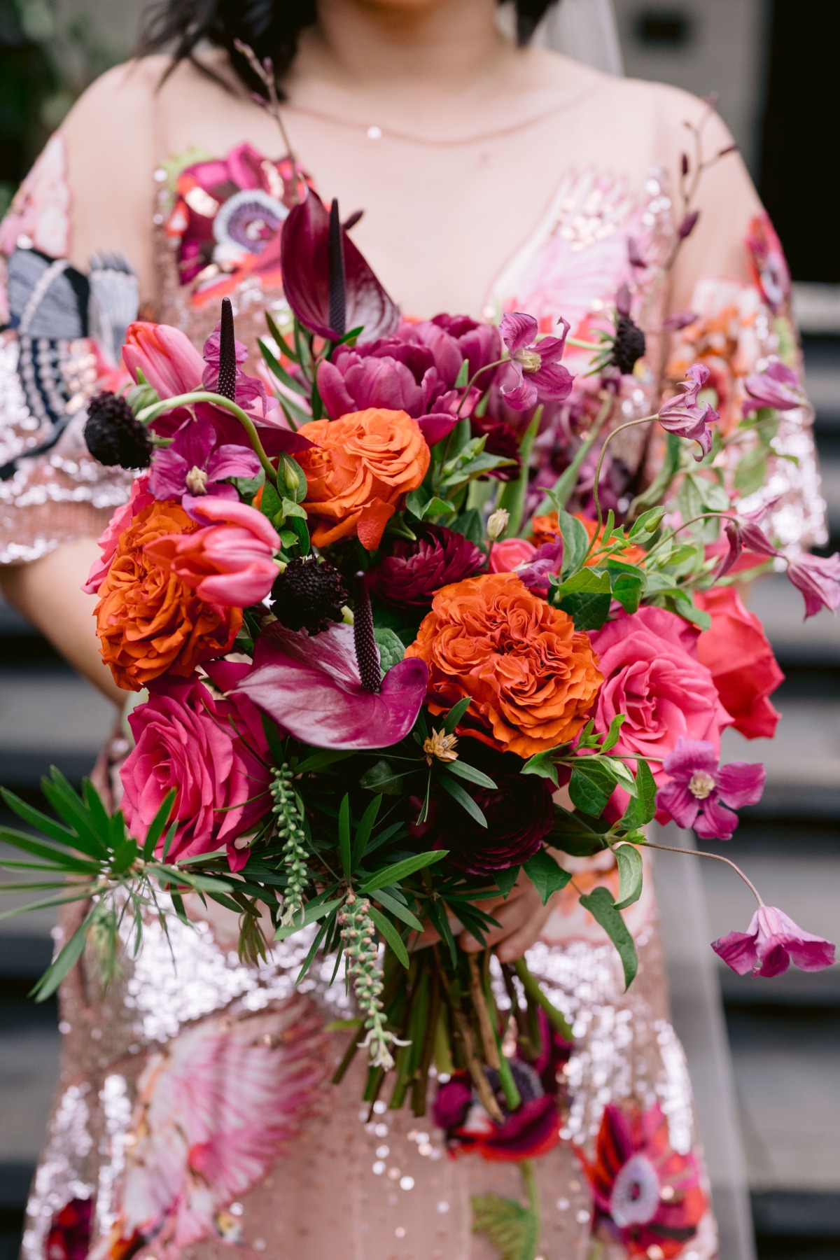 purple orange and pink wedding bouquet