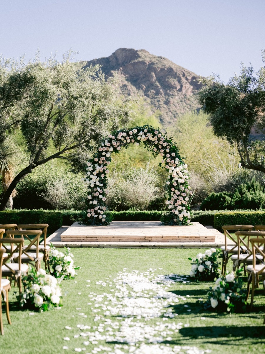 Classic blush and ivory wedding in arizona with an epic mountain view